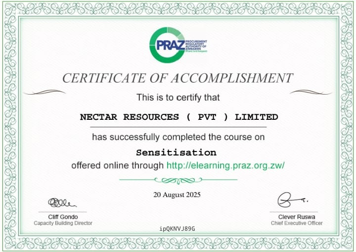 NECTAR Resources PRAZ registration certificate