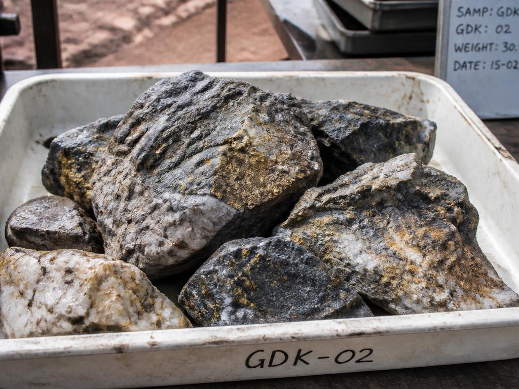 Gold-bearing ore with quartz veining in a sampling tray