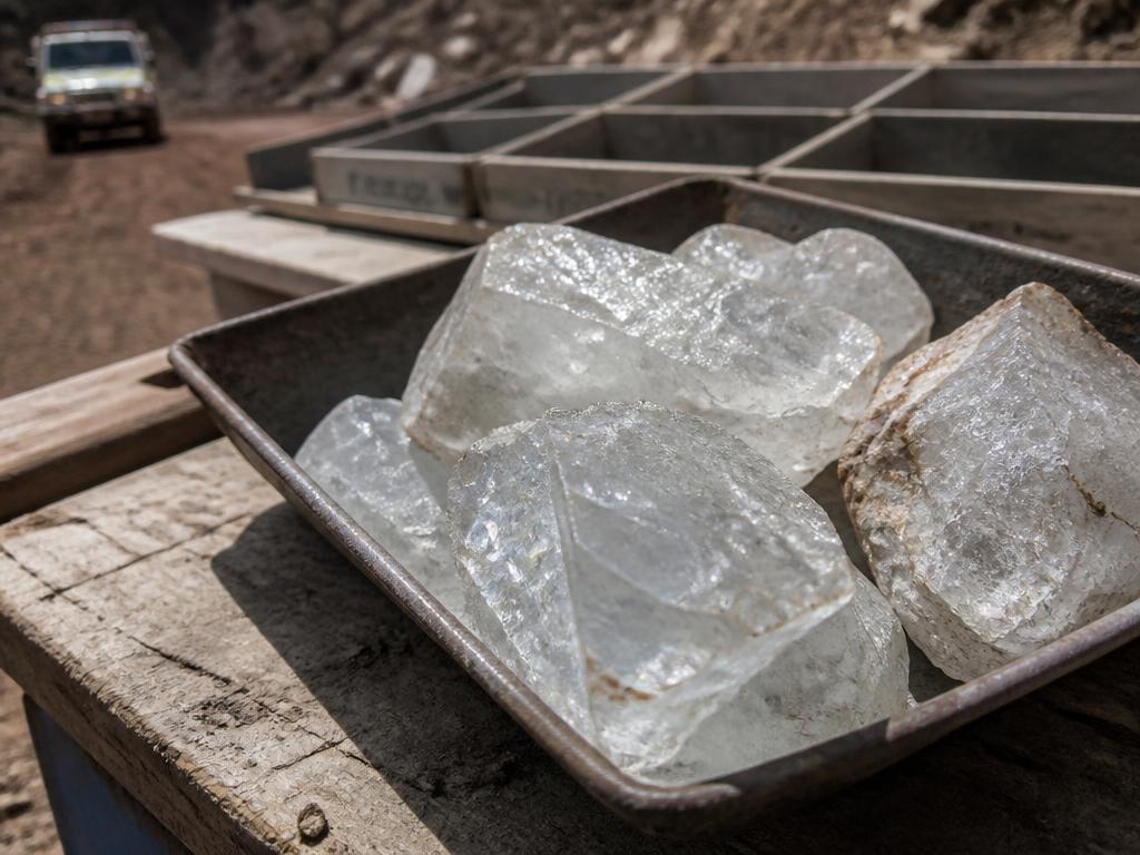 Clear quartz ore chunks in a sampling tray on a mine site bench