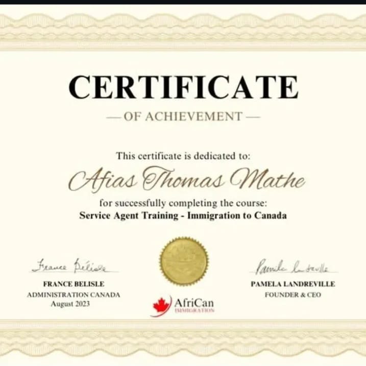 Certificate of Achievement for Service Agent Training — Immigration to Canada, issued by AfriCan Immigration
